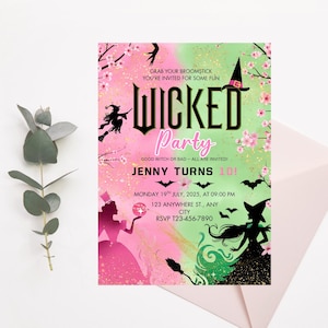 May include: A party invitation with a pink and green watercolour background. The invitation features the words "WICKED Party" in large black letters, with silhouettes of witches, bats, and cherry blossoms. The invitation is for Jenny's 10th birthday.