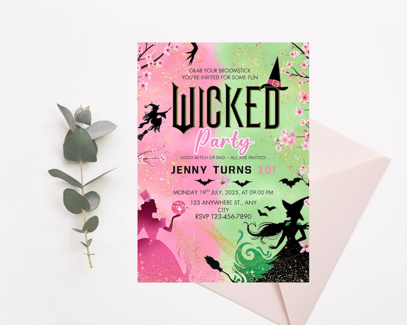 May include: A party invitation with a pink and green watercolour background. The invitation features the words "WICKED Party" in large black letters, with silhouettes of witches, bats, and cherry blossoms. The invitation is for Jenny's 10th birthday.
