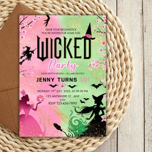 May include: A party invitation with a pink and green gradient background. The invitation features the words "WICKED Party" and details for Jenny's 101st birthday, including the date, time, and RSVP information. Silhouettes of witches, bats, and cherry blossoms decorate the invitation.