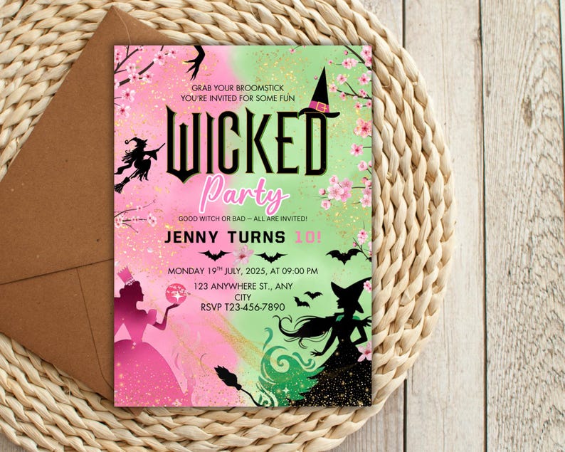 May include: A party invitation with a pink and green gradient background. The invitation features the words "WICKED Party" and details for Jenny's 101st birthday, including the date, time, and RSVP information. Silhouettes of witches, bats, and cherry blossoms decorate the invitation.