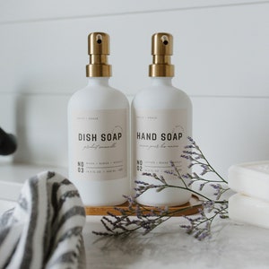 White Glass Soap Dispenser Set for Kitchen or Bathroom | Hand, Dish, and Lotion Waterproof Labels | Glass Bottles with Gold Pumps and Tray