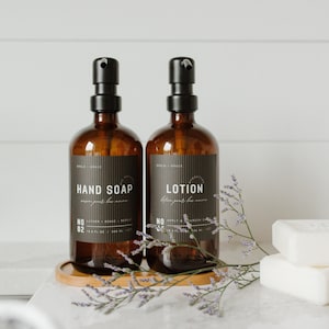 Amber Glass Soap Dispenser Set | Matte Printed Labels | Soap Bottles with Black Pumps and Bamboo Tray | Kitchen and Bathroom Soap Dispensers