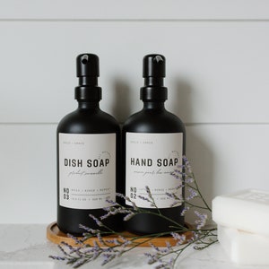 Black Glass Soap Dispenser Set | Matte Printed Labels | Soap Bottles with Black Pumps and Bamboo Tray | Kitchen and Bathroom Soap Dispensers