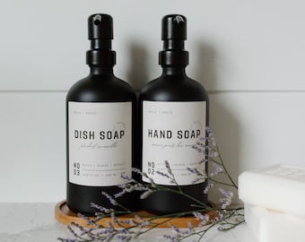 Black Glass Soap Dispenser Set: Matte Labels, Bamboo Tray
