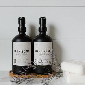 Black Glass Soap Dispensers with Tan Labels