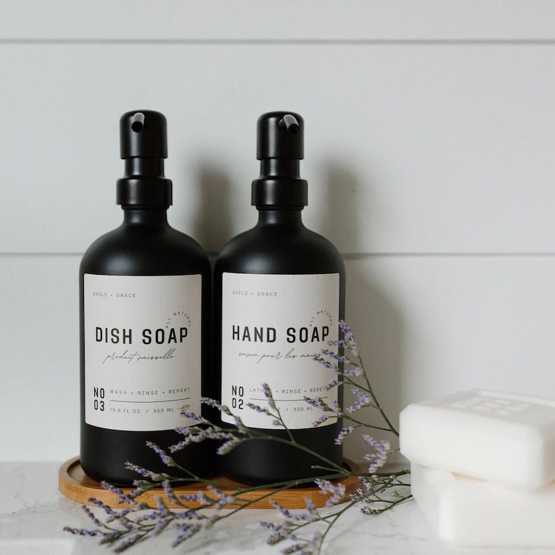 Black Glass Soap Dispensers with Tan Labels
