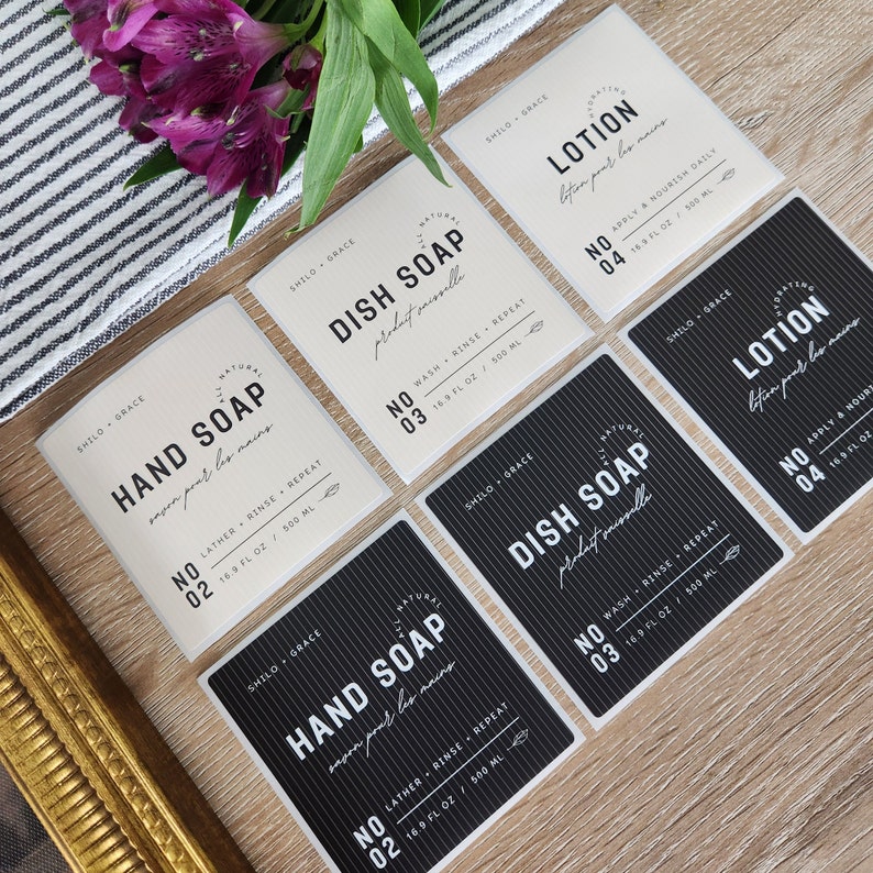 Waterproof Black and Tan Soap Dispenser Labels