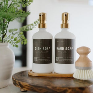 White Glass Soap Dispenser Set: Gold Pumps & Bamboo Tray