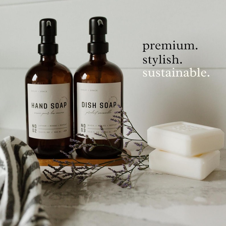 Amber Glass Soap Dispenser Set: Matte Labels, Black Pumps & Bamboo Tray