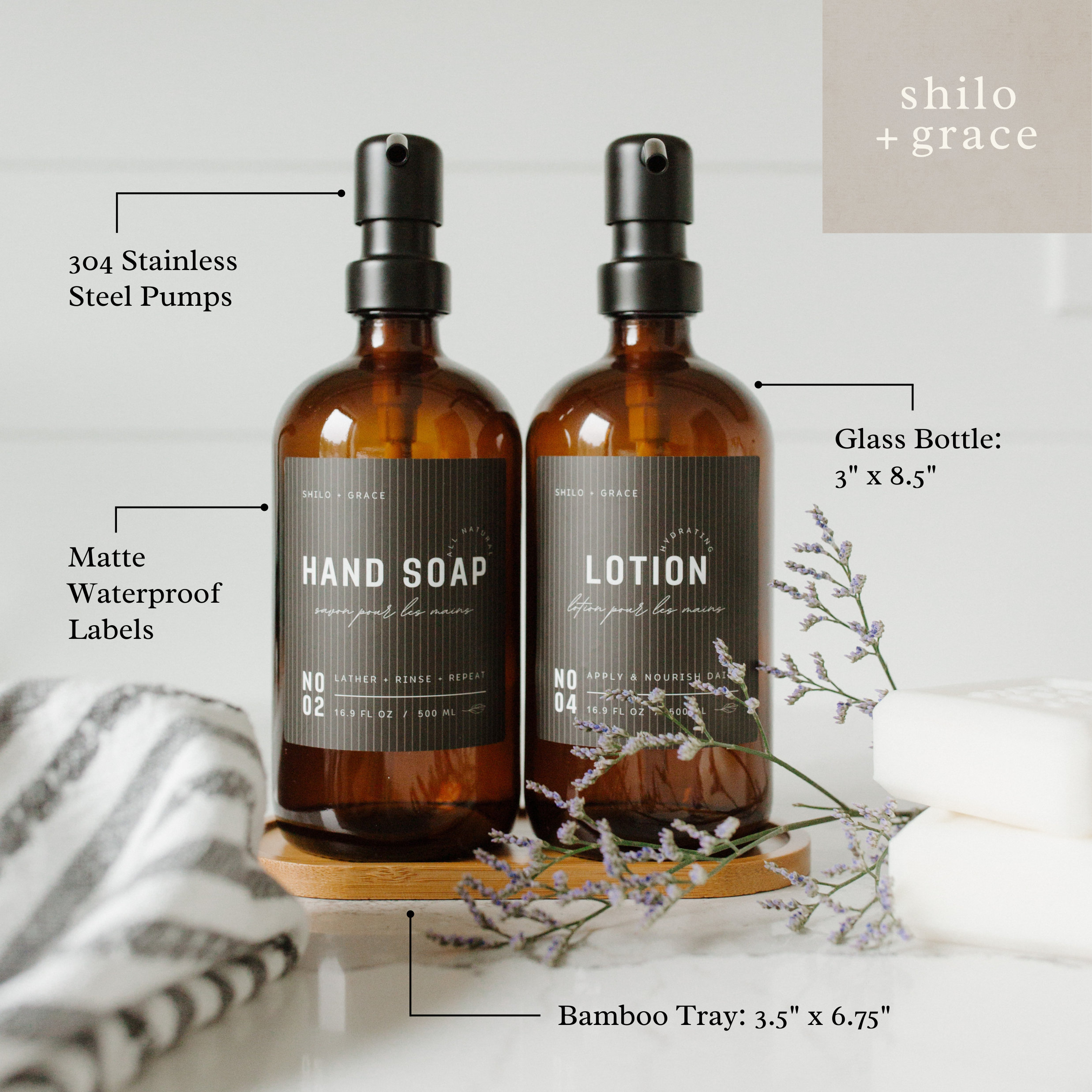 Verute 16oz Refillable Glass Bottles - Set Of 2 Reusable Decorative Bottles With 12 Waterproof Labels, Stainless Steel Pumps, 2 Silicone Pads - Modern Boston Round Containers (Amber / Black Pump