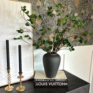 May include: A black vase with a matte finish holds a leafy green plant. The vase is sitting on a table with a book that says "Louis Vuitton" on the cover. The table is black and has a white surface.