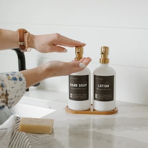 White Soap Dispenser with Black Labels