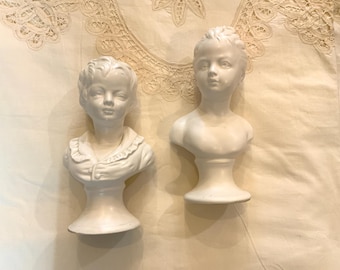 Set of Two Vintage Boy Girl Bust White Porcelain Busts Art Decor
