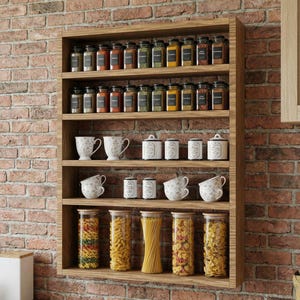 Peut inclure: Étagère à épices en bois avec plusieurs étagères, remplie de bocaux en verre d'épices, de pâtes et de tasses et de boîtes décoratives. L'étagère est fixée sur un mur de briques rouges, créant une solution de rangement de cuisine rustique.