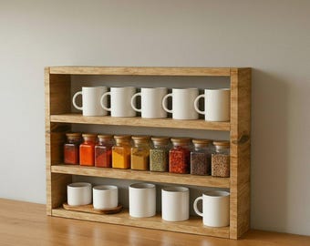 Hängendes oder stehendes Gewürzregal, Wandmontage, Küchenorganizer, rustikaler Stil, Gewürzregal aus Holz, Massivholz