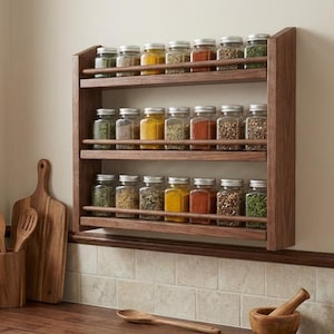 3P7G. Especiero de madera hecho a mano, de pared o de pie, organizador rústico de cocina, madera maciza.