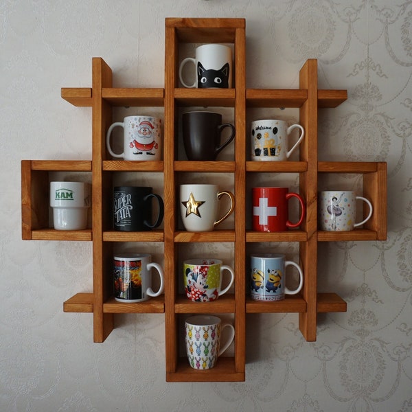 Mensola per tazze da tè e caffè in legno massello fatta a mano, portabicchieri, portabicchieri da caffè e tè a parete, mensola da cucina, tazza espositore
