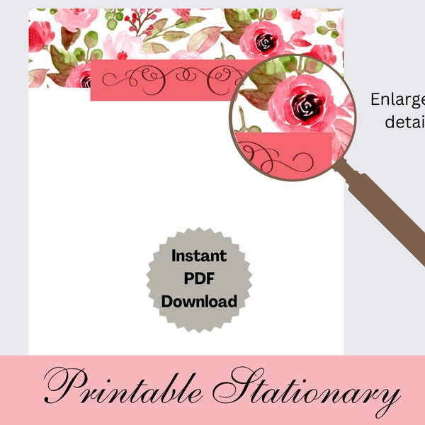 Bold pink rose floral stationery set for digital download, instant printable 3-pc set of unlined writing paper and decorative envelope