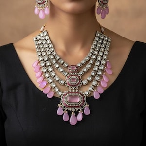 Pink Kundan Bridal Necklace Set, Statement Indian Wedding Jewelry, Multi Layer Polki Necklace with Earrings, Pink Traditional Choker Set,