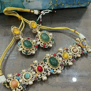 Royal Multicolor Navratna Kundan Choker Necklace Set with Earrings – Traditional Indian Temple Jewelry in Gold Tone Gift for her
