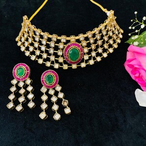 Victorian Polki Choker Set with Emerald Green & Ruby Pink Stones | Moissanite Polki Necklace |  Sabyasachi Inspired Jewelry