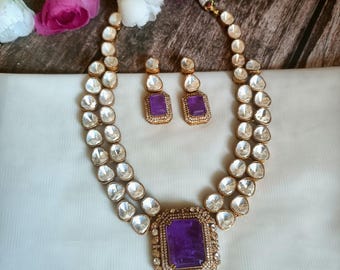 Conjunto de collar Kundan morado, joyería nupcial Polki dorada, collar de boda indio llamativo, conjunto de joyería étnica hecha a mano