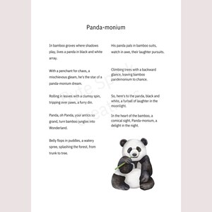 May include: A watercolor illustration of a panda bear sitting on a white background. The panda is holding a bamboo stalk in its paws. The illustration is surrounded by text that reads "Panda-monium" and a poem about pandas.
