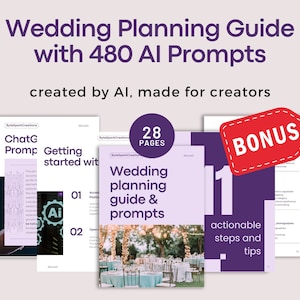 Op de afbeelding: Een paarse en witte gids met de titel "Wedding Planning Guide with 480 AI Prompts" en de ondertitel "created by AI, made for creators". De gids heeft 28 pagina's en bevat een bonusgedeelte met uitvoerbare stappen en tips. De omslagfoto toont een huwelijksreceptie met tafels en stoelen die in een tuin zijn opgezet.