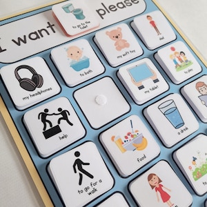 May include: A blue and yellow communication board with white squares containing images and text. The text includes "I want" and "please". The images include a toilet, headphones, a bath, a teddy bear, a tablet, a glass of water, a person helping another person, a person walking, a bowl of food, a person, and a flower.