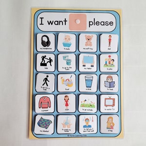 May include: A blue and white communication board with the text "I want ____ please" and various images and text representing different needs and requests.  The images include a person taking a bath, a person reading a book, a person eating food, a person drinking a glass of water, a person going for a walk, a person wearing a jumper, a person getting a hug, a person asking for help, a person going to the toilet, a person watching TV, a person going outside, a person asking for a drink, a person asking for food, a person asking for a toy, a person asking for a blanket, a person asking for a hug, a person asking for their dad, a person asking for their mom, a person asking for their tablet, a person asking for their headphones, a person asking to wash their hands, a person asking to play, a person asking to tell someone they don't feel well.