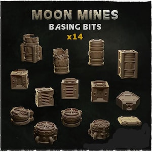 May include: A set of 14 grey and brown plastic model building pieces for use in creating a miniature model of a lunar mining facility. The set is labeled "Moon Mines Basing Bits x14".