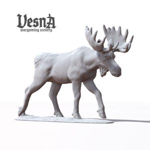 May include: A white, detailed model of a moose with large antlers. The model is standing on a white surface. The text "Vesna wargaming scenery" is visible in the background.