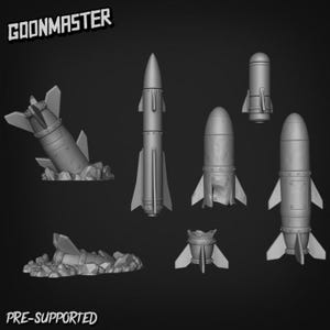 May include: A set of six 3D printed rocket models, including a crashed rocket, a rocket with a torn fin, and a rocket with a missing fin. The rockets are all gray and have a metallic finish. The models are pre-supported and ready to be printed.