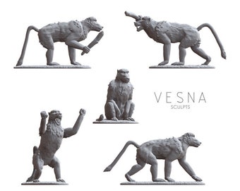 5pc Baboon monkeys DnD Dungeons and Dragons 28mm/32mm animals Miniature Scatter Terrain basing bits scenery props TTRPG monkey figurine