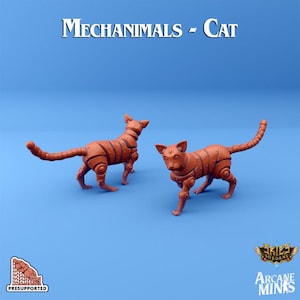 May include: Two 3D printed, pre-supported, orange-brown, mechanical cat figurines. The cats are posed in a walking position. The text "Mechanimals - Cat" is at the top of the image. The text "Pre-supported" is at the bottom of the image.
