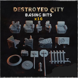 Può includere: Un set di 16 pezzi in miniatura grigi stampati in 3D per giochi da tavolo. Il set include sedie, muri, tubi e altri detriti della città. Il set è etichettato "Destroyed City Basing Bits x16".