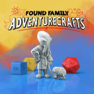 May include: A fantasy-themed image featuring a grey figurine of a humanoid character with a pet, accompanied by blue, yellow, and red dice. The text "FOUND FAMILY ADVENTURECRAFTS" is displayed above the figurines. The background has a colourful, abstract design.