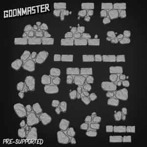 May include: A set of 17 pre-supported 3D printed stone wall pieces for tabletop gaming. The pieces are designed to be used as walls, ruins, or other terrain features. The pieces are made of a gray plastic and have a rough, textured surface. The pieces are pre-supported, meaning that they are designed to be printed without the need for additional supports. The pieces are labeled "GOONMASTER" and "PRE-SUPPORTED".