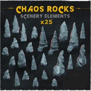 Könnte beinhalten: Ein Set mit 25 grauen, 3D-gedruckten Felsformationen, einige mit Ketten, zur Verwendung in Tabletop-Spielen oder als Dekorationselemente. Die Felsen sind auf einem schwarzen Hintergrund mit dem Text "Chaos Rocks Scenery Elements x25" angeordnet.
