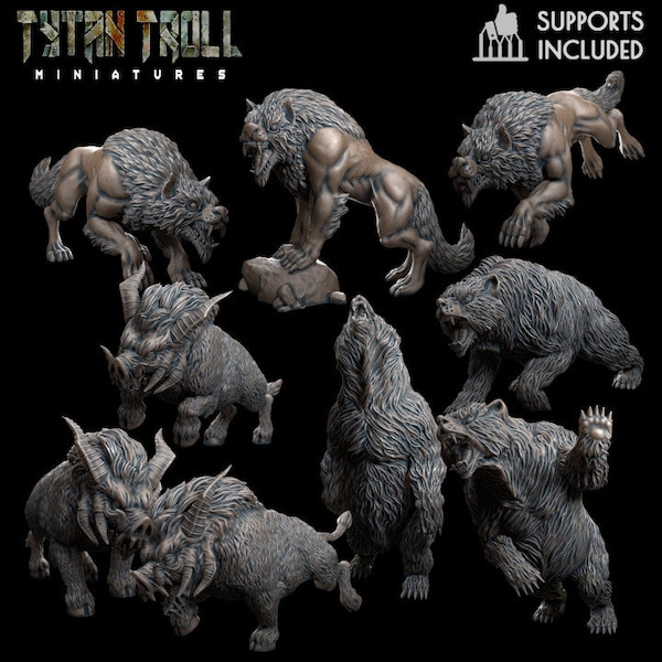 DND - 9 stuk wolven, beren en zwijnen, tytan troll miniaturen, beestenminiaturen, mini's, DND, 5e, RPG gaming, dierenminiaturen