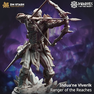May include: A detailed miniature figurine of a ranger, a human-like figure with pointed ears, holding a bow and arrow. The figure is dressed in leather armour and has a quiver of arrows on their back. The figurine is painted in a light grey colour and is standing on a base of clear crystals.