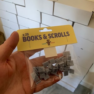 Pode incluir: Um saco de plástico transparente cheio de 29 livros e rolos em miniatura cinzentos. O saco é etiquetado com "x 29 BOOKS & SCROLLS" com um pequeno logotipo de urso.