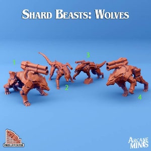 May include: Four 3D printed miniature figures of wolves with cannons on their backs. The figures are painted in a reddish-brown colour. The figures are labelled with numbers 1, 2, 3, and 4. The text "Shard Beasts: Wolves" is at the top of the image. The text "Pre-supported" is at the bottom of the image.