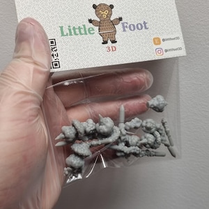Könnte beinhalten: Eine transparente Plastiktüte mit einer Reihe kleiner, grauer, 3D-gedruckter Objekte. Die Tüte ist mit "Little Foot 3D" beschriftet und zeigt ein Bärenlogo sowie Social-Media-Handles.