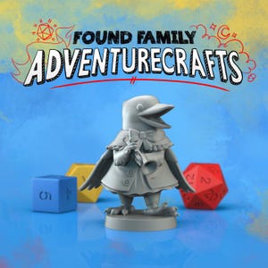 May include: A grey bird-like character figurine in a coat and bow tie, holding a trumpet. The image includes the text "FOUND FAMILY ADVENTURECRAFTS" and colourful dice on a blue background.