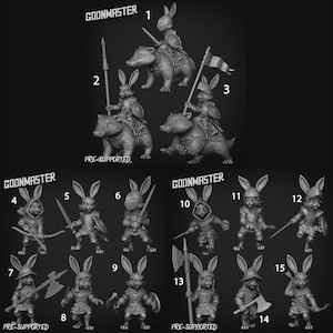 May include: A selection of 3D-printed fantasy miniatures depicting rabbit warriors and badger mounts. The miniatures are in various poses, some with weapons and armor. The text "GOONMASTER" and "PRE-SUPPORTED" are visible on the image.