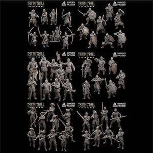 Könnte beinhalten: Ein Set mit 36 Miniaturfiguren von mittelalterlichen Kriegern in verschiedenen Posen, die Schwerter, Schilde, Äxte und Bögen halten. Die Figuren sind aus grauem Kunststoff und bereit zum Bemalen.