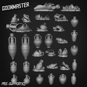 Könnte beinhalten: Eine Sammlung von 30 vorab unterstützten 3D-gedruckten Miniatur-Amphoren aus Keramik, oder antiken griechischen Vorratskrügen, in verschiedenen Größen und Stilen. Die Amphoren sind in hellgrau gedruckt.