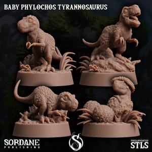 May include: Four detailed, brown resin figurines of baby Tyrannosaurus Rex dinosaurs in various poses. The figurines are on circular bases with sculpted foliage. The text "BABY PHYLOCHOS TYRANNOSAURUS" is at the top. The Sordane Publishing logo is at the bottom.