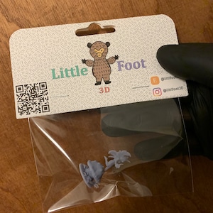 Op de afbeelding: Een doorzichtige plastic zak met twee kleine, grijze 3D-geprinte beeldjes. De zak is bevestigd aan een witte en lichtgroene kaart met de tekst "Little Foot 3D" en een cartoon beer illustratie. De kaart bevat ook een QR-code en social media handles.